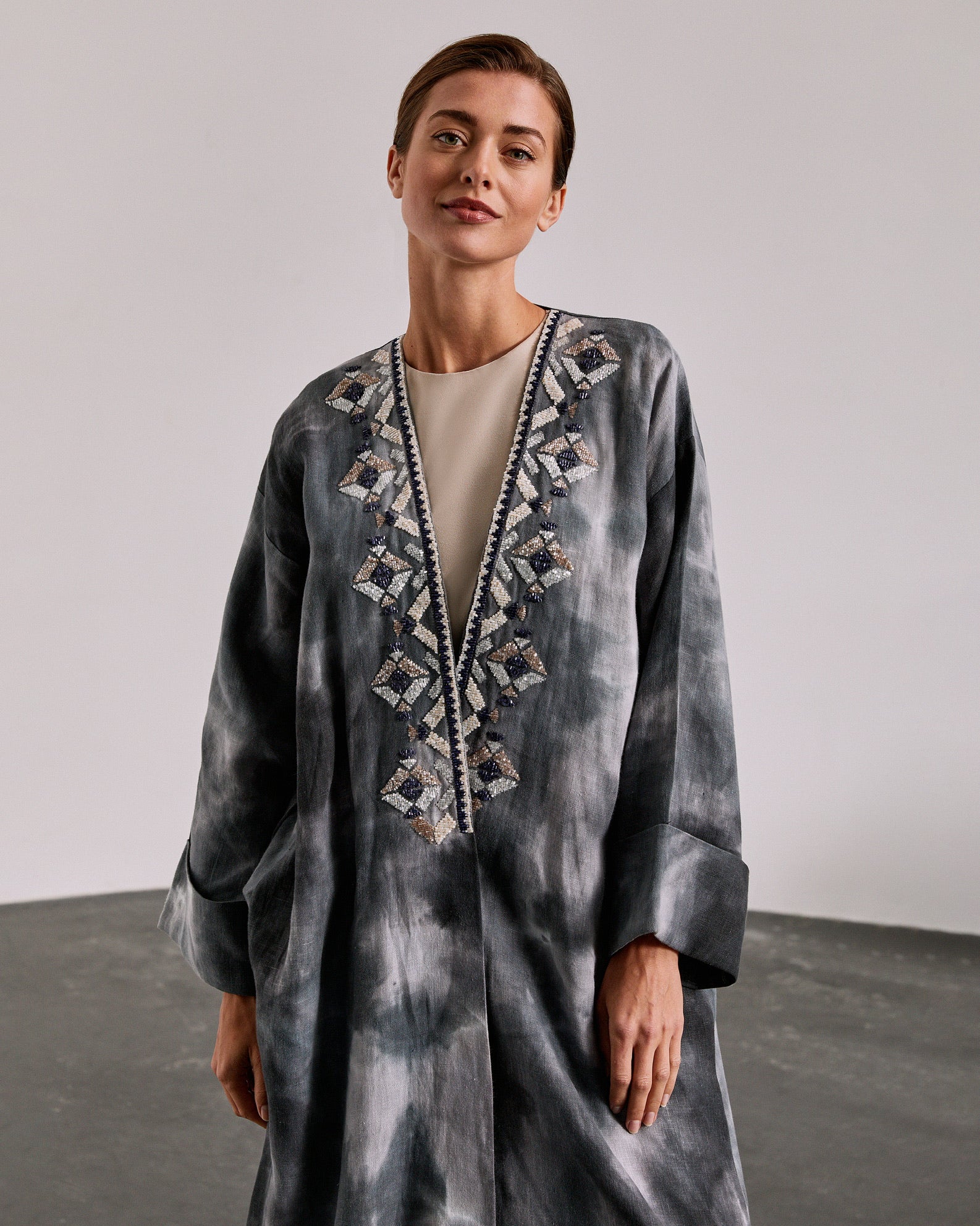 Tie Dye Linen with Aztec Beaded Embroidery Abaya Tie Dye Linen with Aztec Beaded Embroidery Abaya