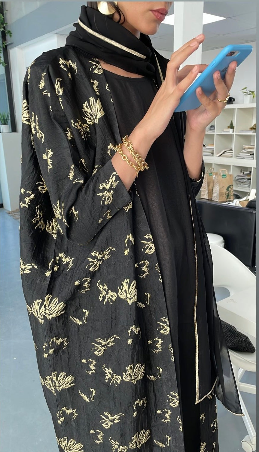 Our lovely client spotted in DAL Black/Gold Jacquard Abaya