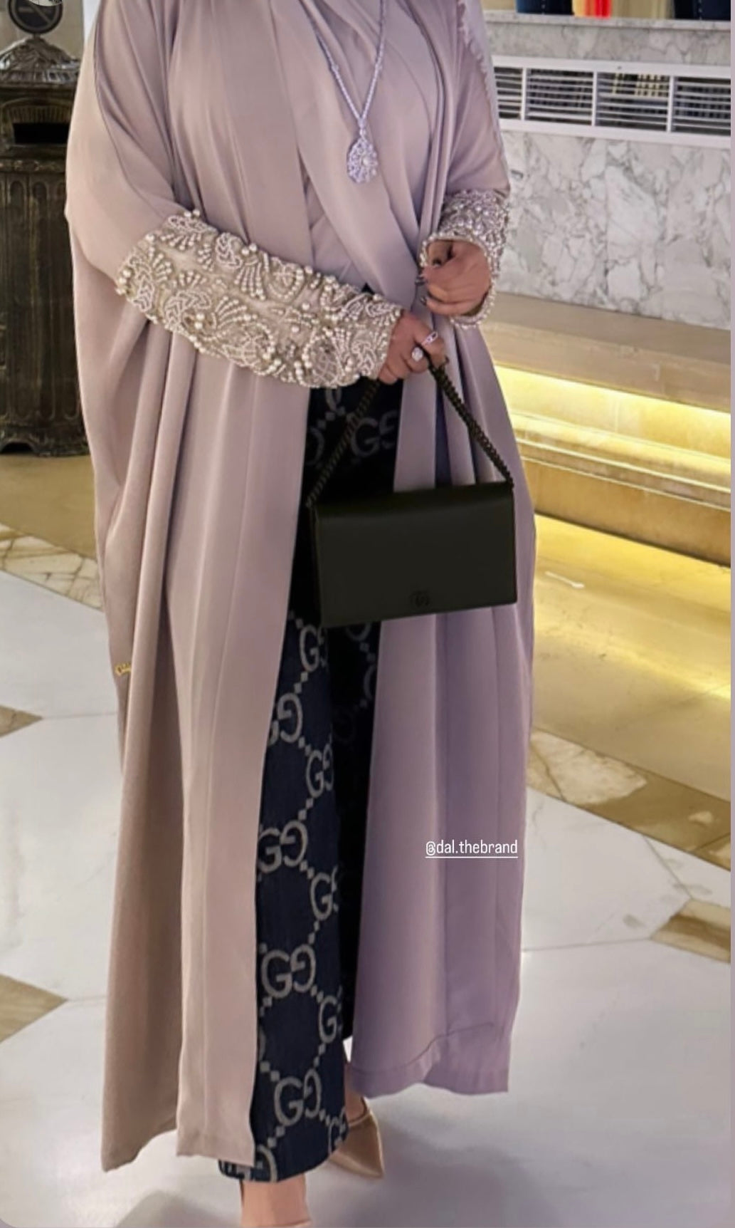 Our lovely client spotted in our Sand Beige Pearl Embroidered Abaya