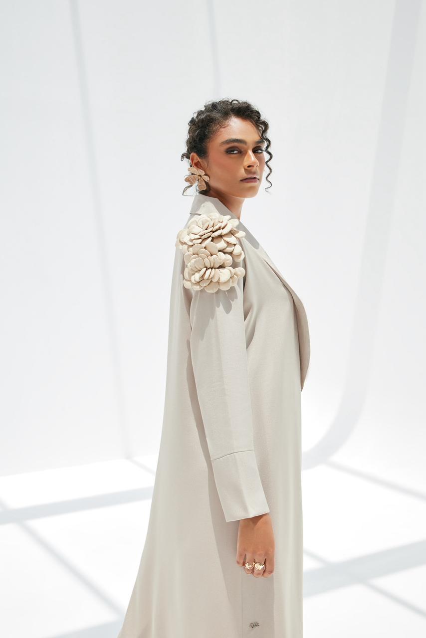 Beige Crepe Abaya with 3D Shoulder Embroidery