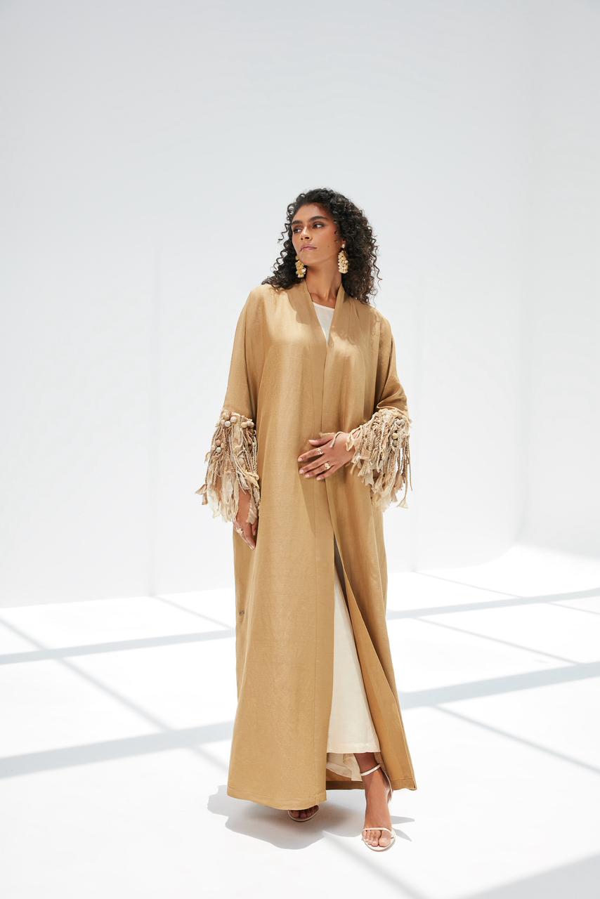 Beige Linen Silk Abaya with Fringe Sleeves