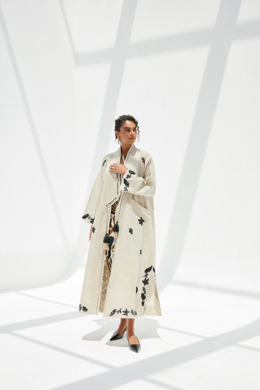 Beige Lining Kimono Abaya with Sea Inspired Embroidery