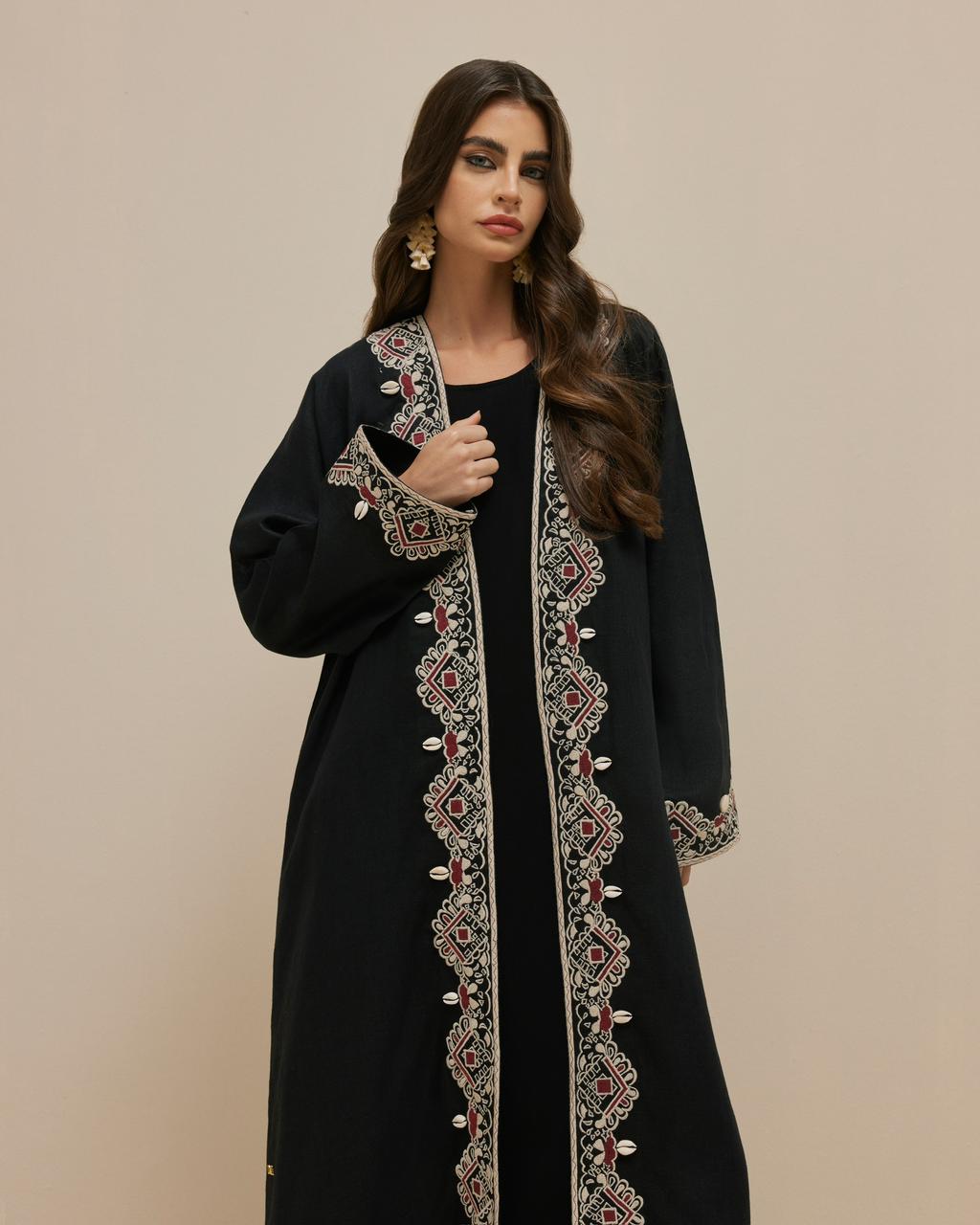 Black Linen with Embroidered Shell Border