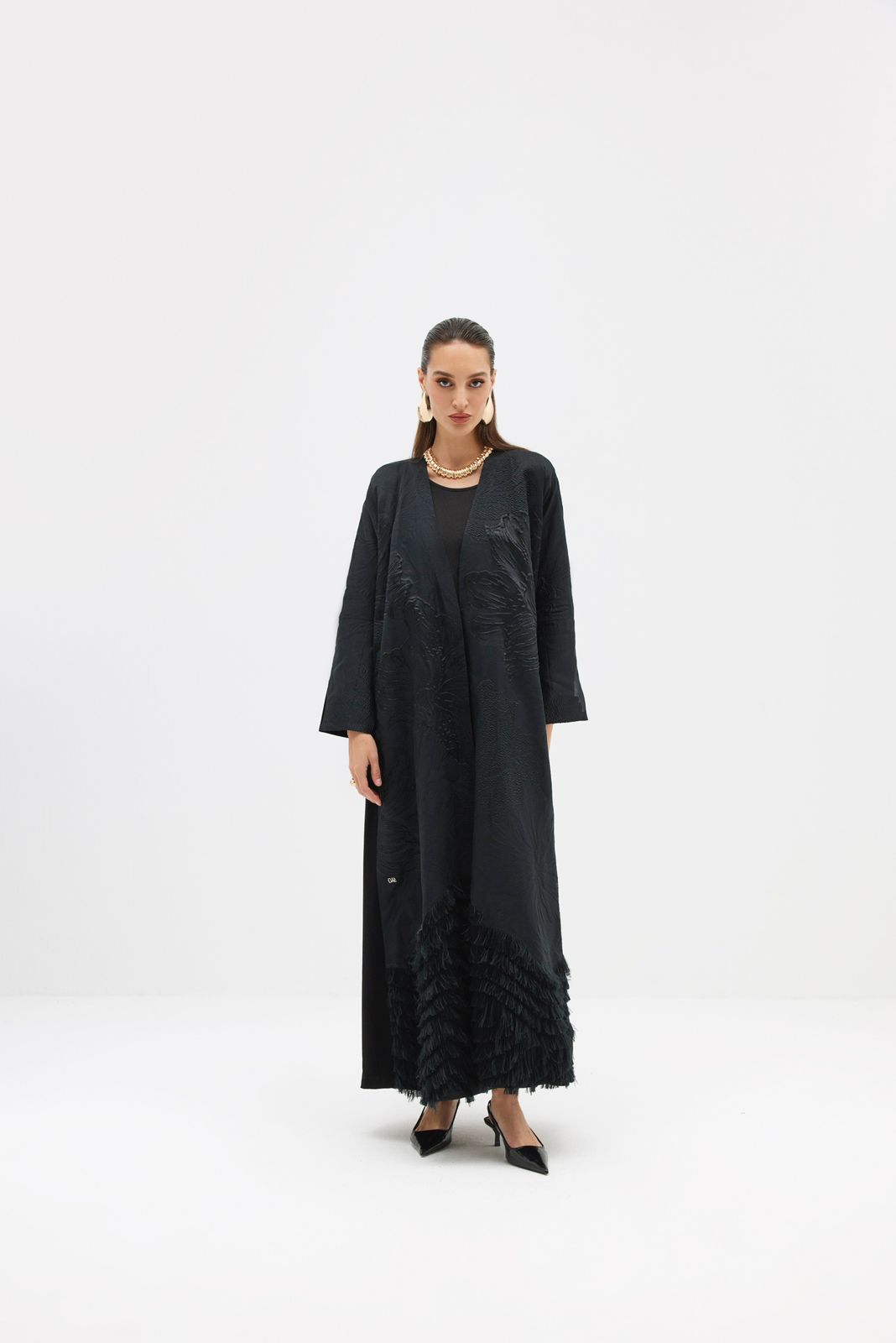 Black Silk Brocade Cropped Abaya