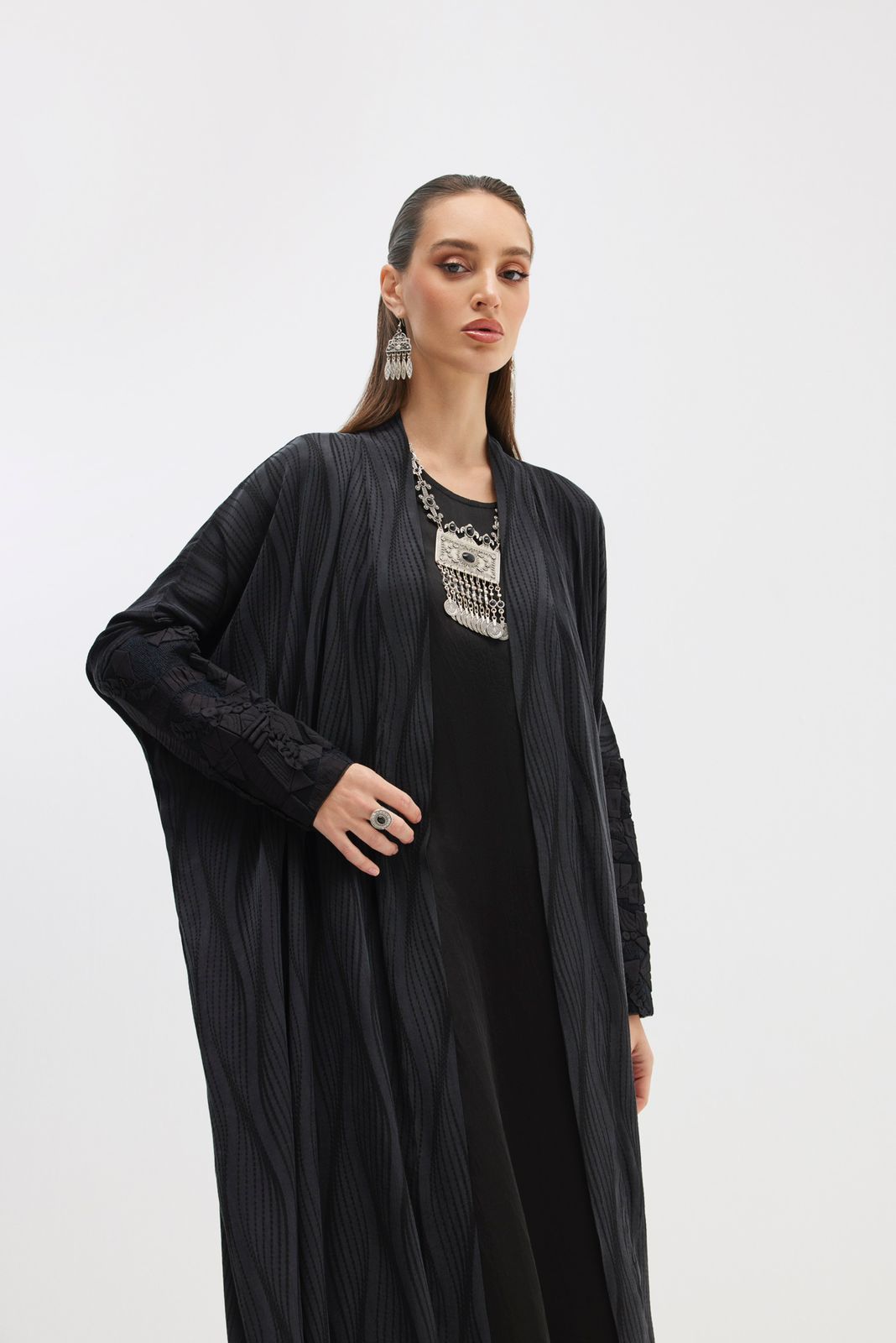 Black Washed Silk Abaya with Textured Embroidery Sleeves
