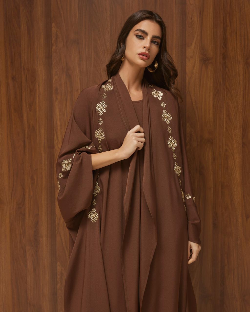Brown Crepe Poncho with Geometric Border Embroidery