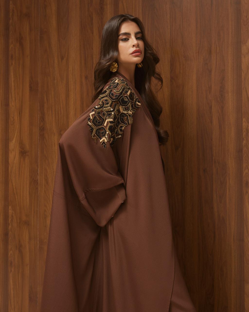 Brown Crepe with Geometric Shoulder Embroidery