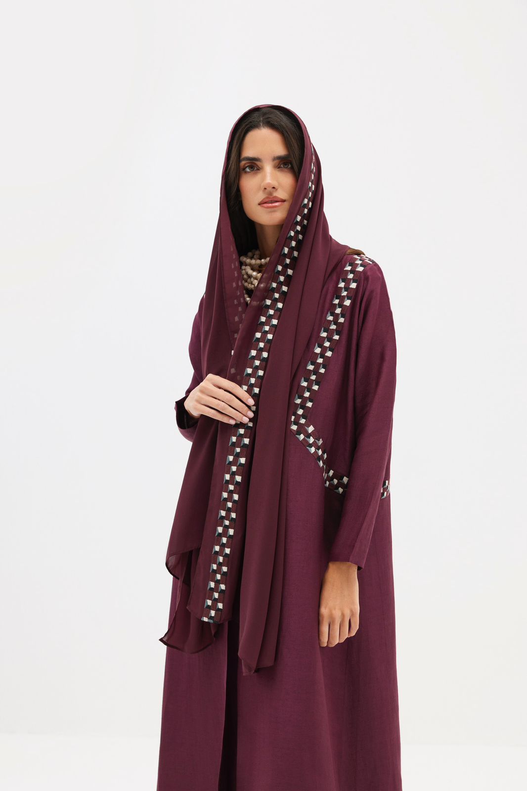 Burgundy Abaya Framed with Geometric Embroidery