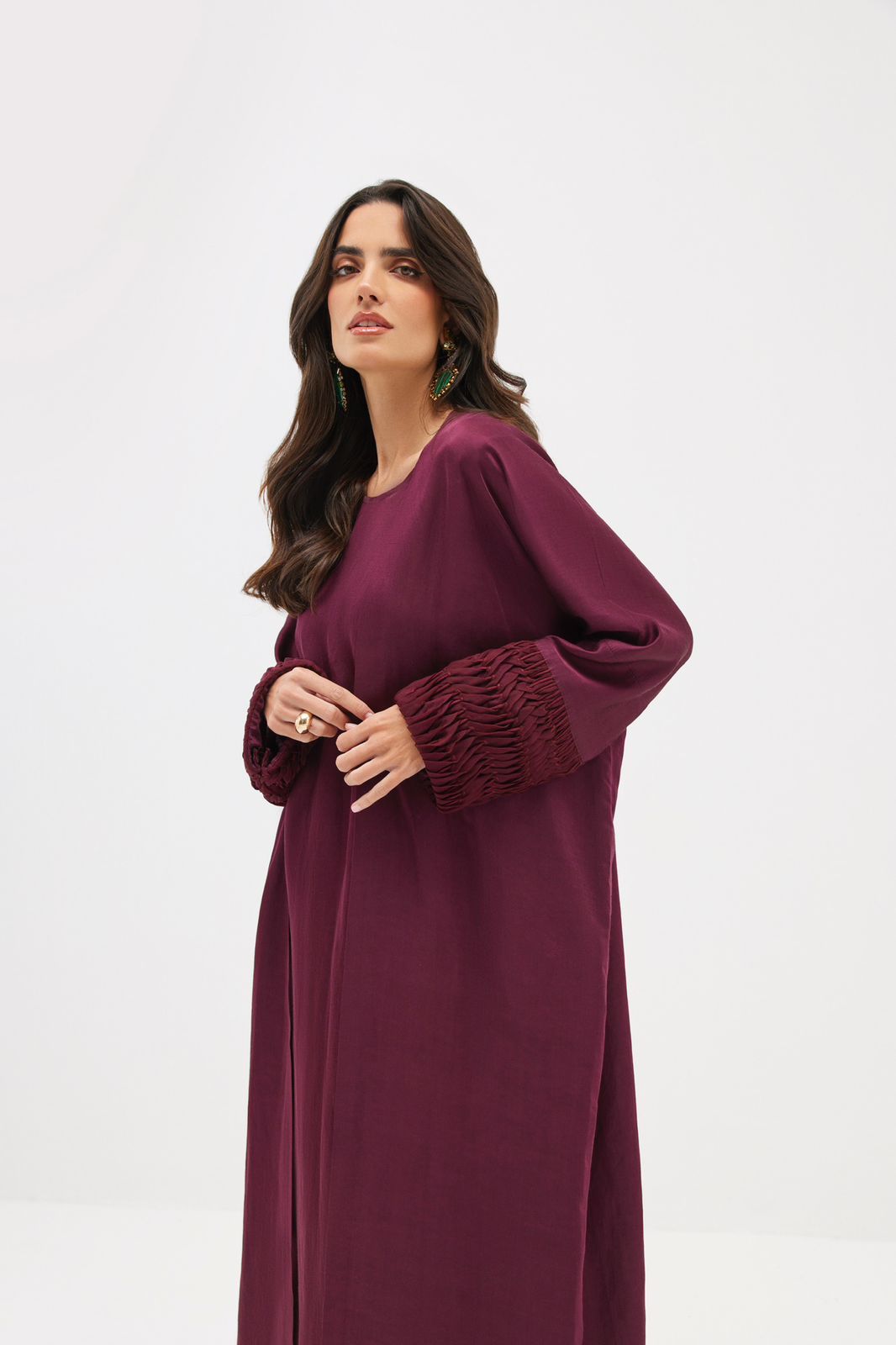 Burgundy Abaya with Handmade Textured Organza Sleeves