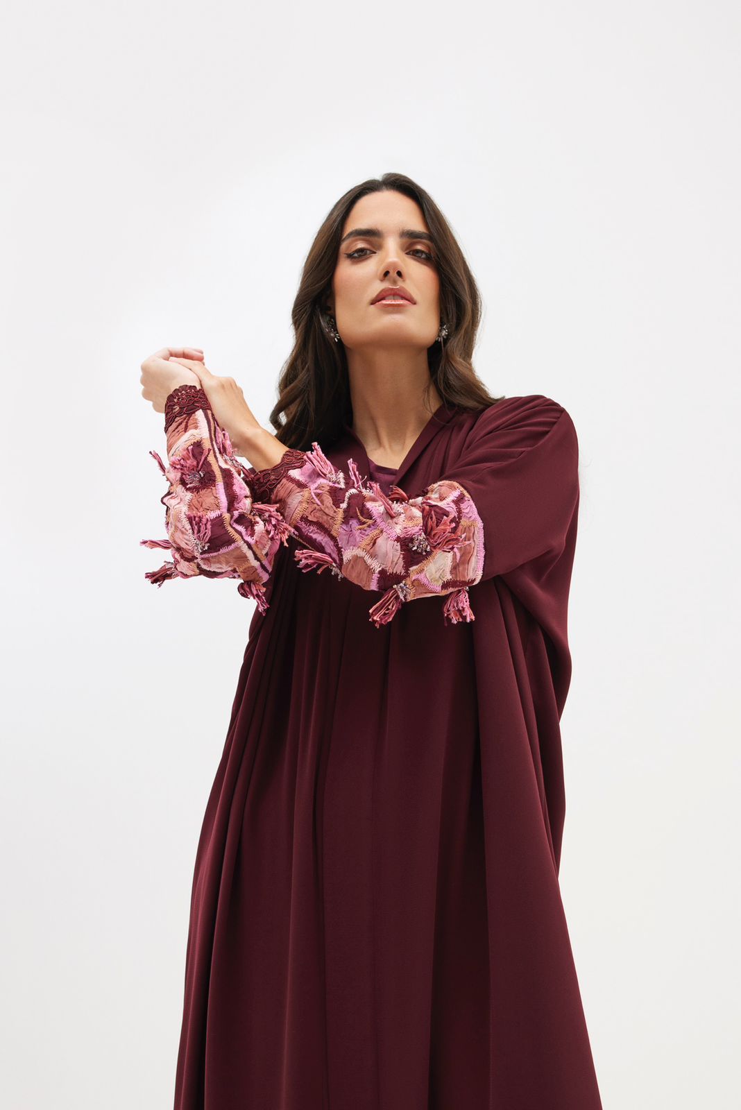 Burgundy Crepe Abaya with Fringed Sleeves Embroidery