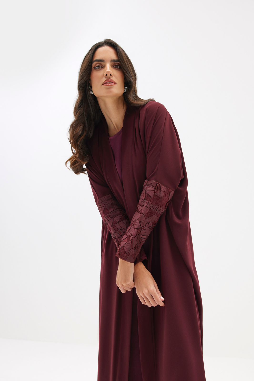 Burgundy Crepe Abaya with Textured Sleeves Embroidery