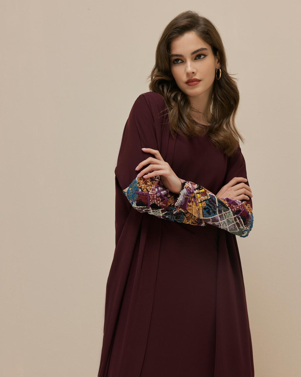 Burgundy Crepe with Colored Embroidery Sleeves