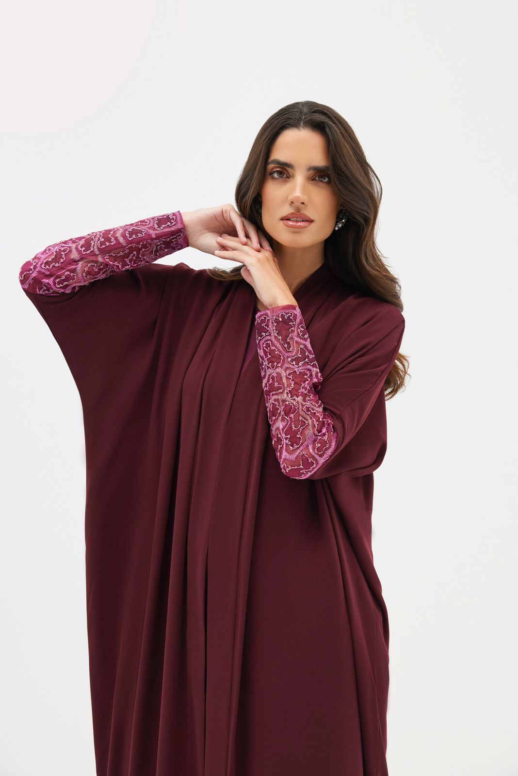 Burgundy Crepe Abaya with Hand Embroidered Sleeves