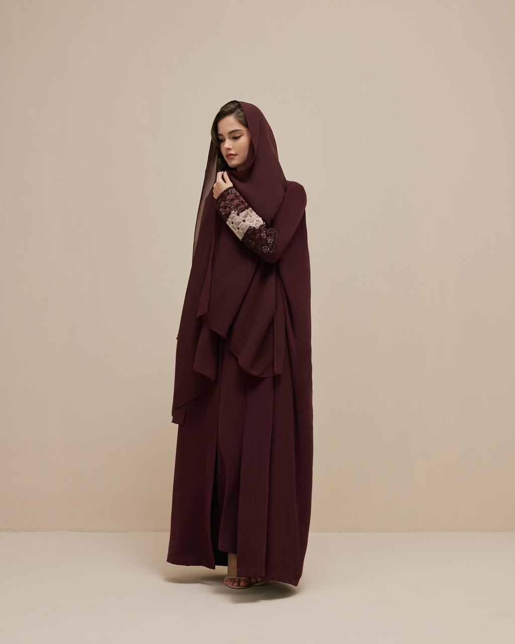 Burgundy Crepe Abaya with Padded Sleeves Embroidery