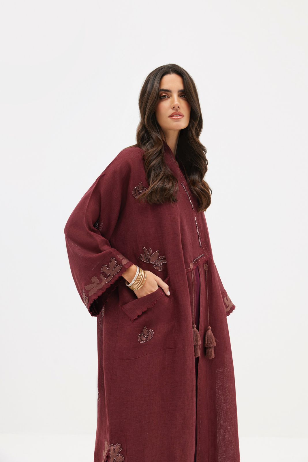 Burgundy Linen Kimono with Embroidery