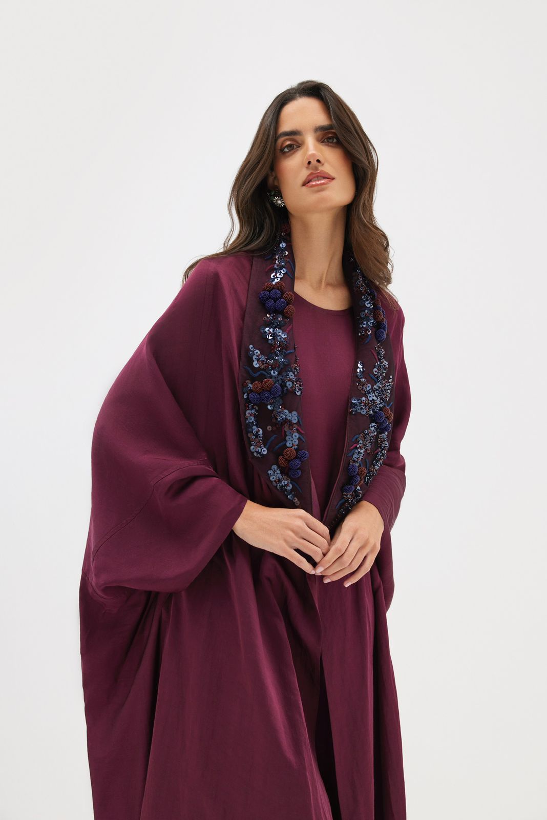 Burgundy Poncho with Hand Embroidered Collar