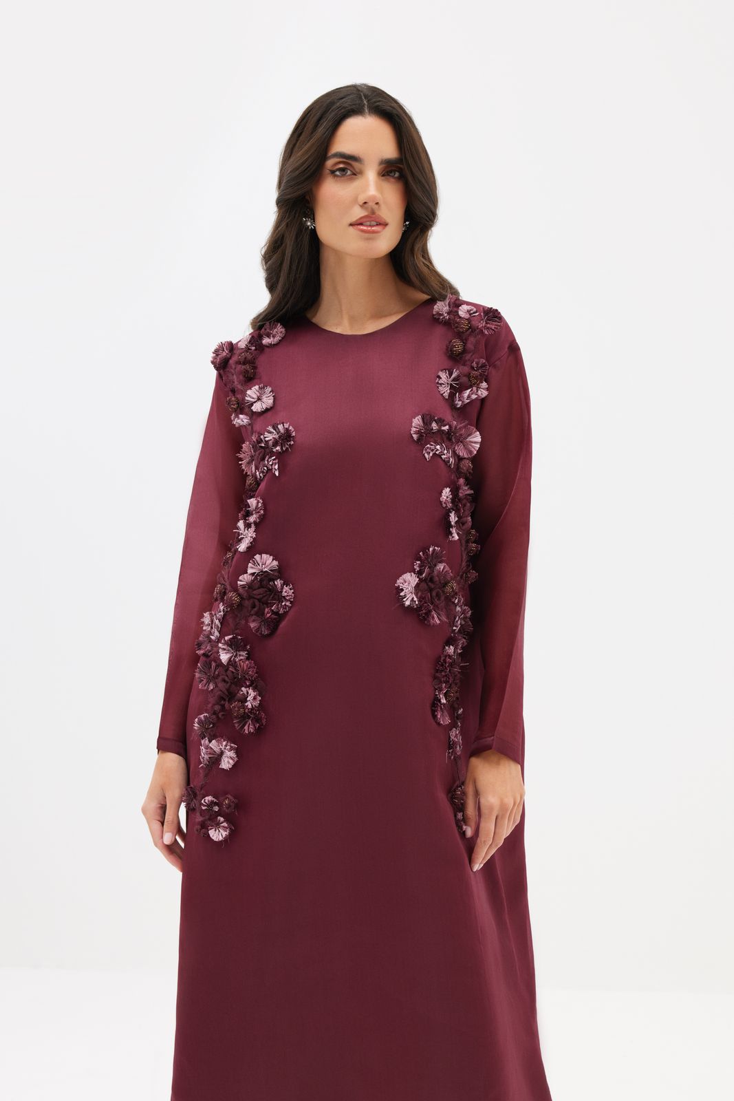 Burgundy Satin Organza with Vines Embroidery