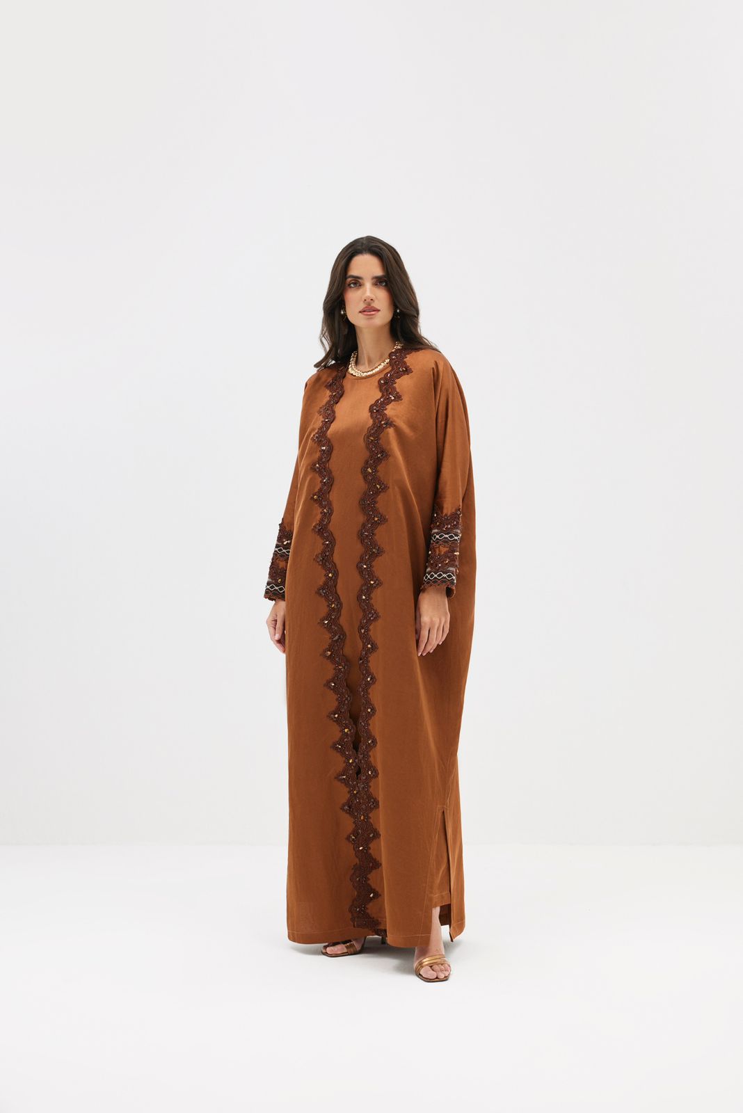 Burnt Brown Abaya with Scattered Stone Embroidery