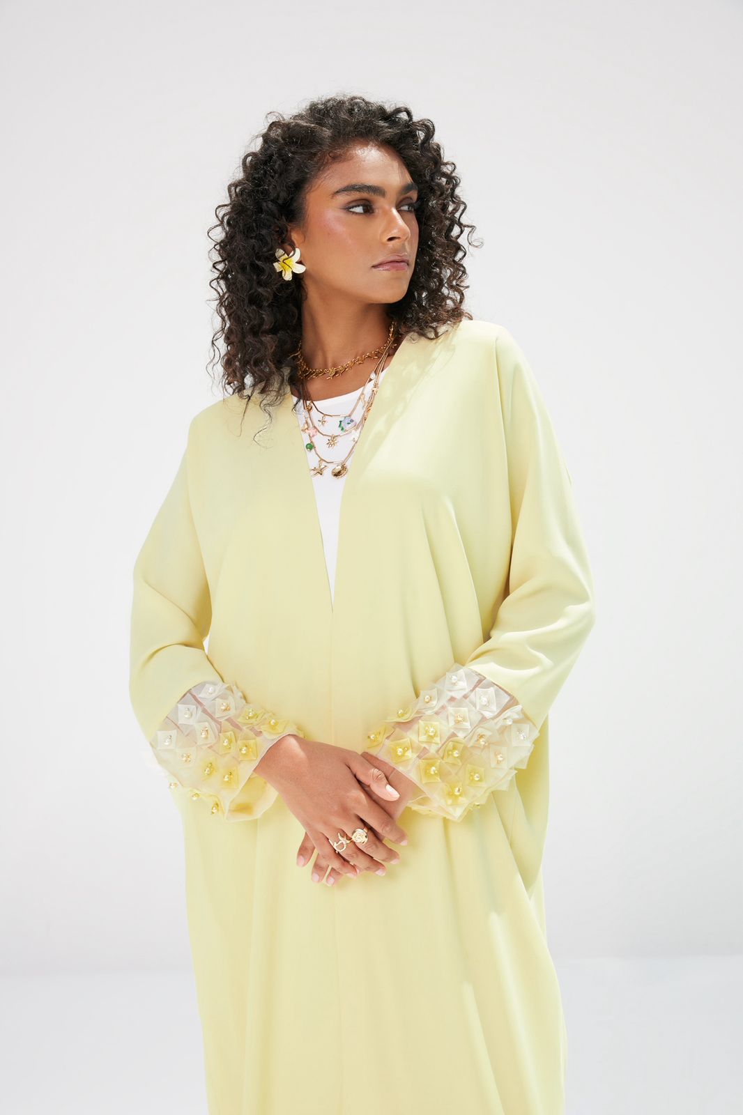 Butter Yellow Crepe Abaya with Organza Sleeve Embroidery