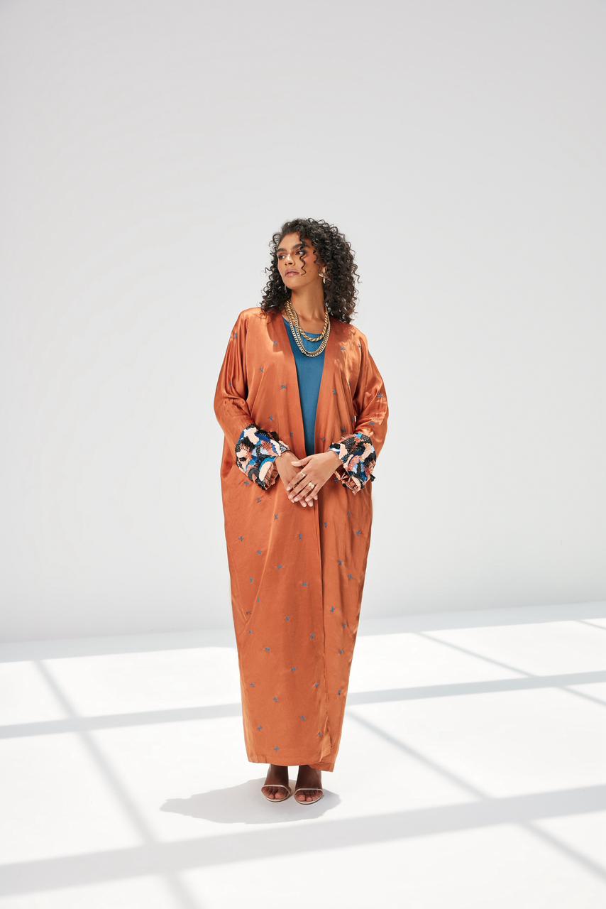 Cayenne Linen Silk Abaya with Sleeve Embroidery