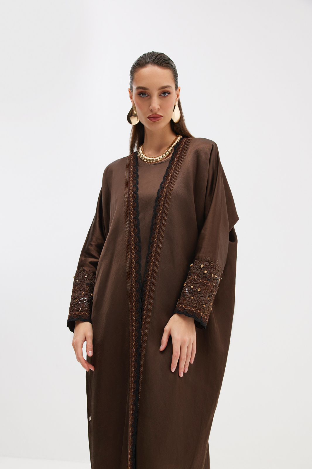 Chocolate Brown Edge of Lace Crochet Abaya with Stone Embroidery