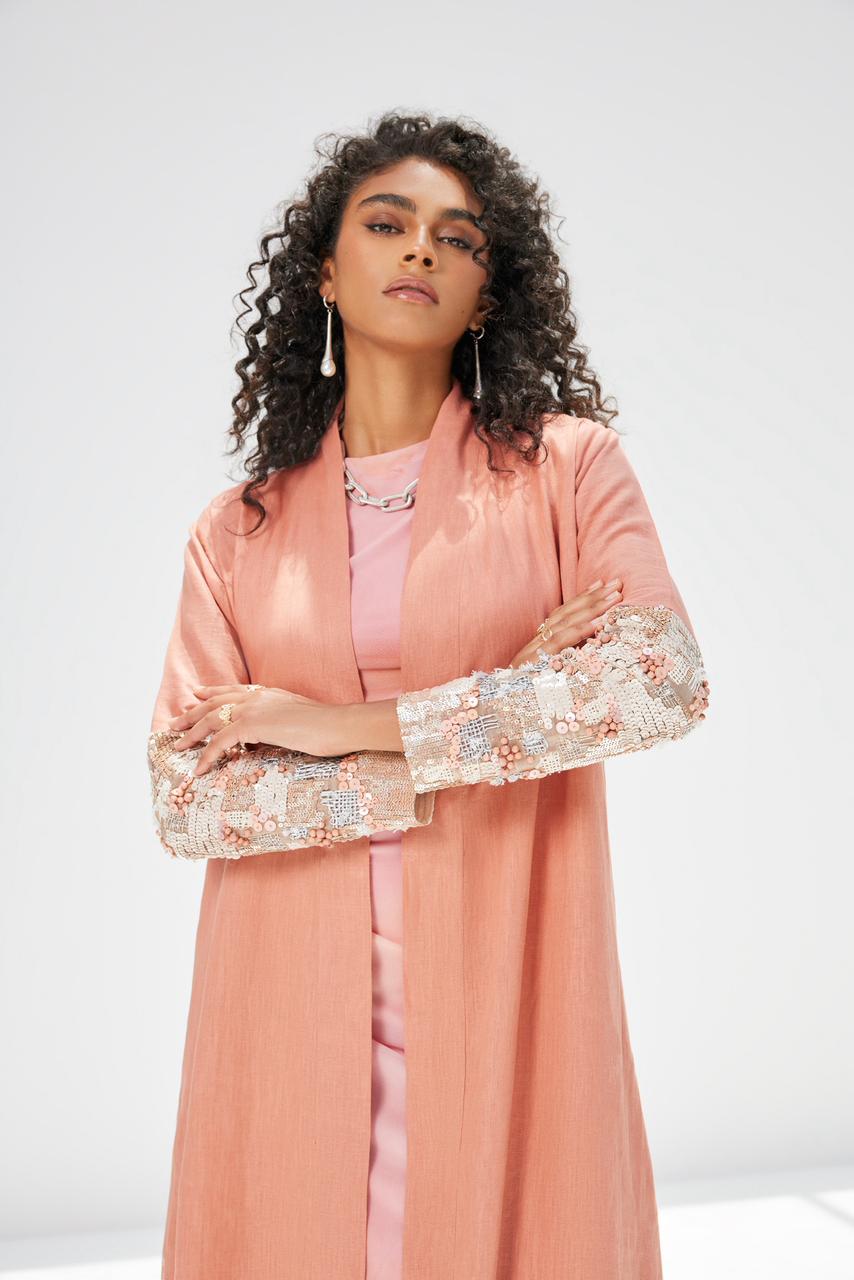 Coral Linen Abaya with Embroidered Sleeves