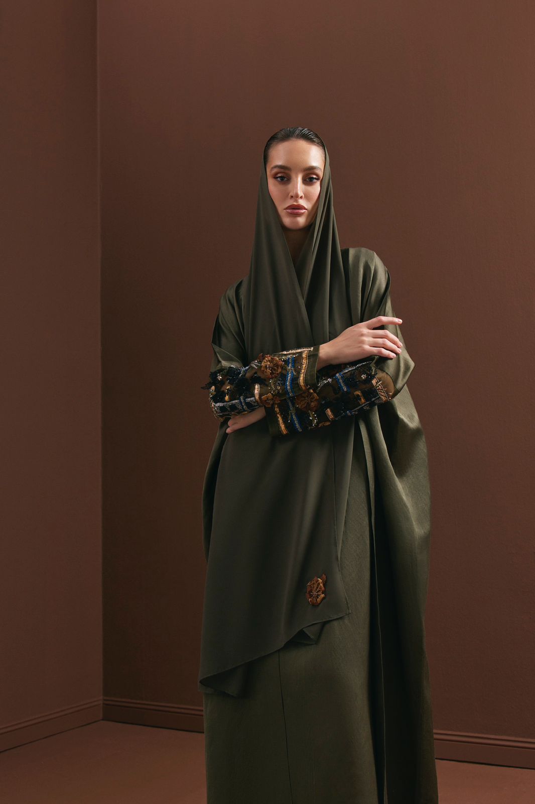 Dark Olive Abaya with Embroidered Sleeves Embroidery