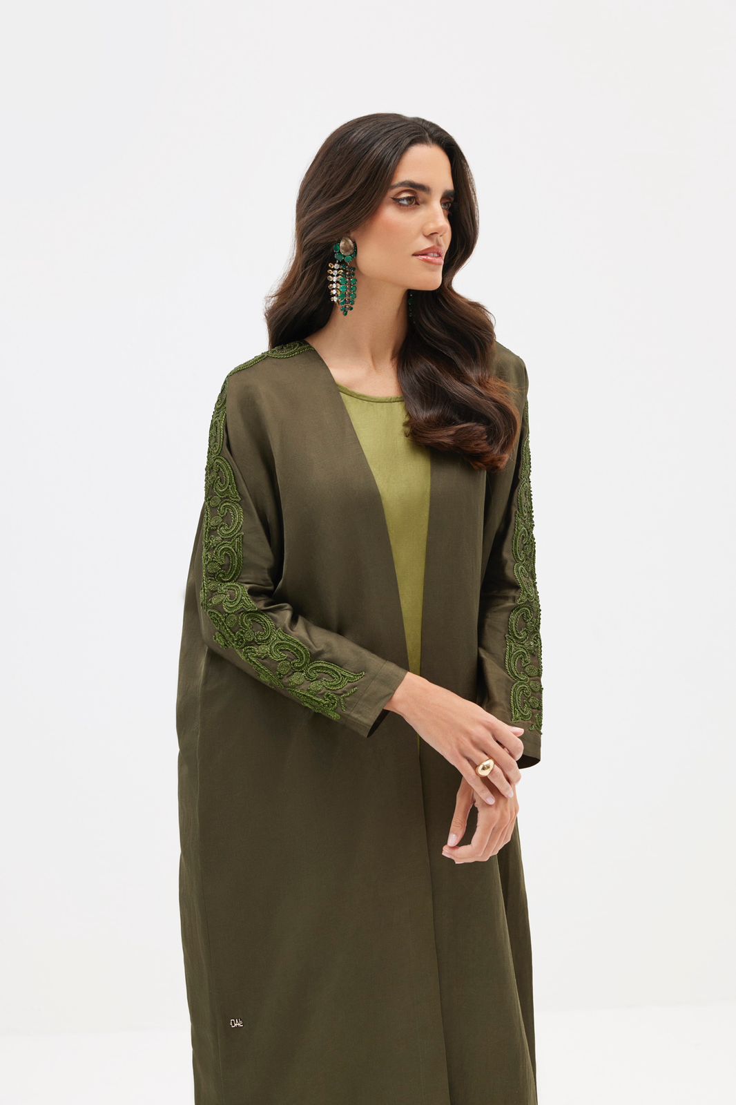 Dark Olive Abaya with Threadwork Scroll Embroidery