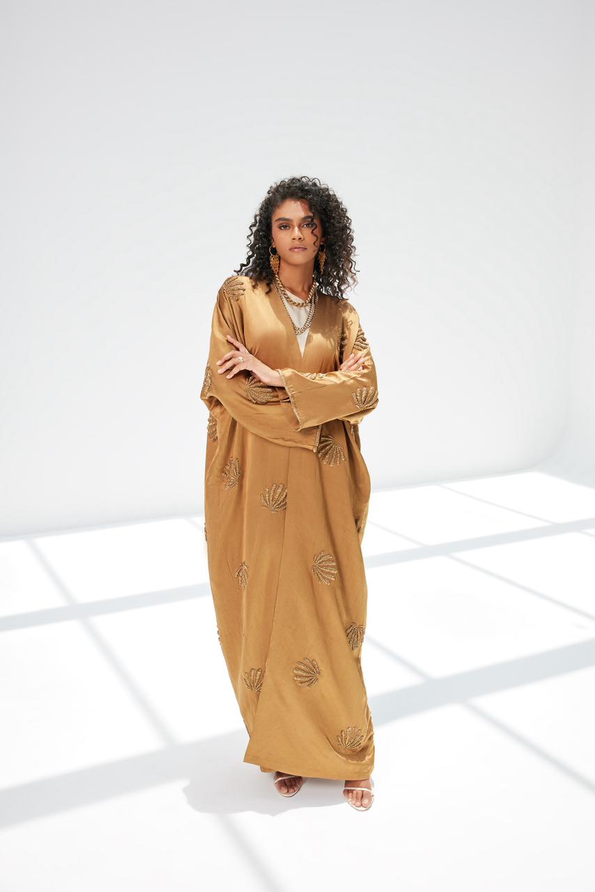 Gold Linen Silk Abaya with Shell Beaded Embroidery