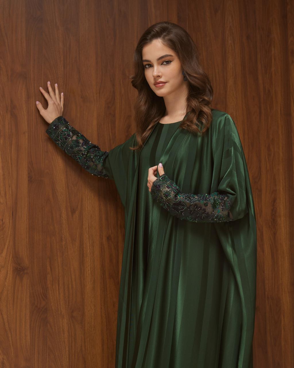 Green Striped Crepe with Navy Green Geometric Embroidered Sleeves