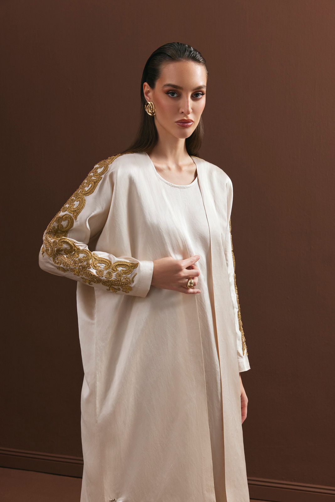 Ivory Abaya with Threadwork Scroll Embroidery
