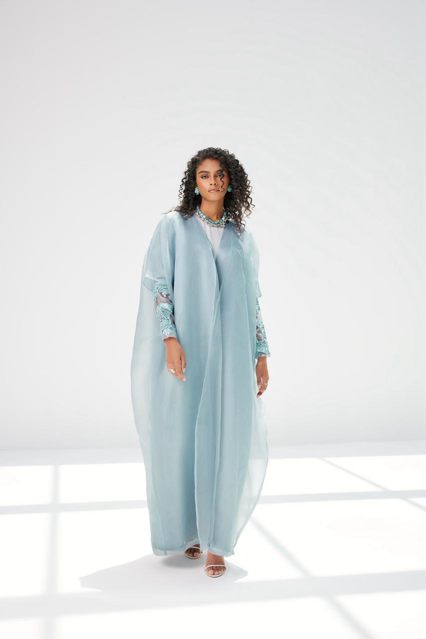 Light Blue Linen Silk Abaya with Organza Overlay