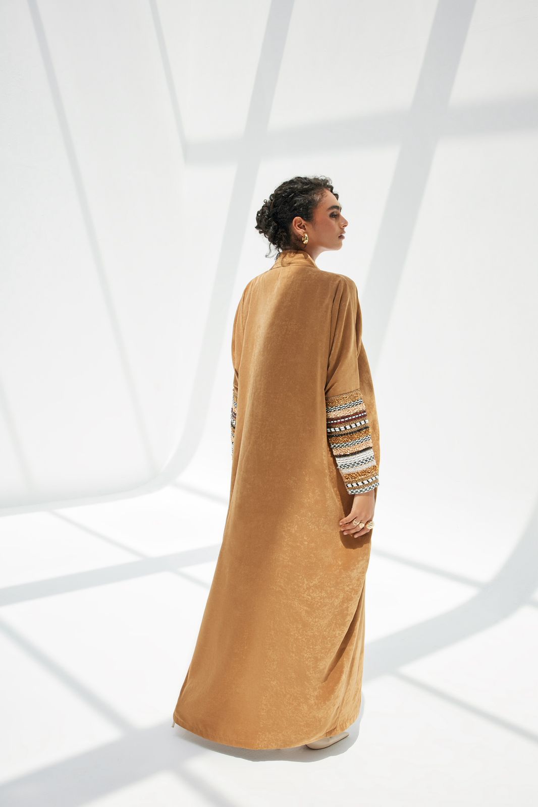 Light Camel Suede Abaya with Hand Embroidered Sleeves