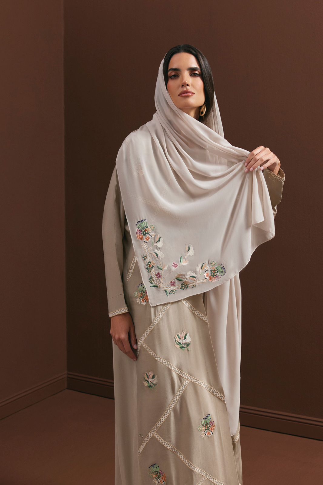 Light Taupe Edge of Lace Garden Embroidered Abaya