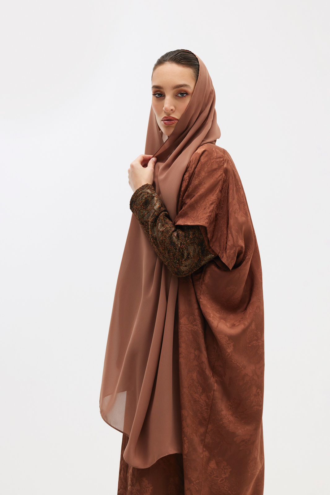 Mocha Brown Jacquard Abaya with Textured Sleeves
