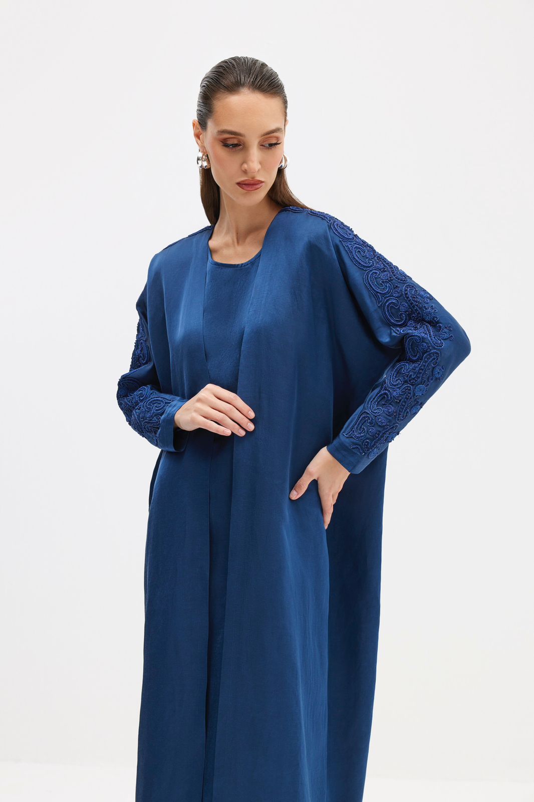 Navy Abaya with Threadwork Scroll Embroidery