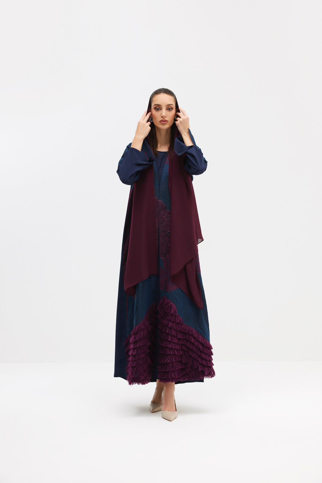 Navy/Burgundy Silk Brocade Cropped Abaya