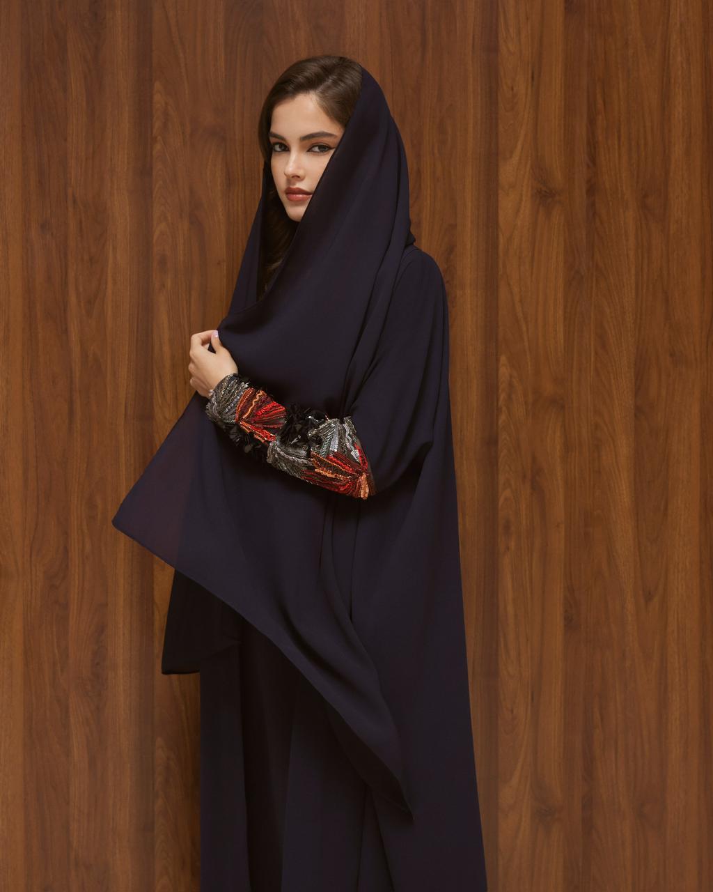 Navy Crepe with 3D Embroidered Sleeves