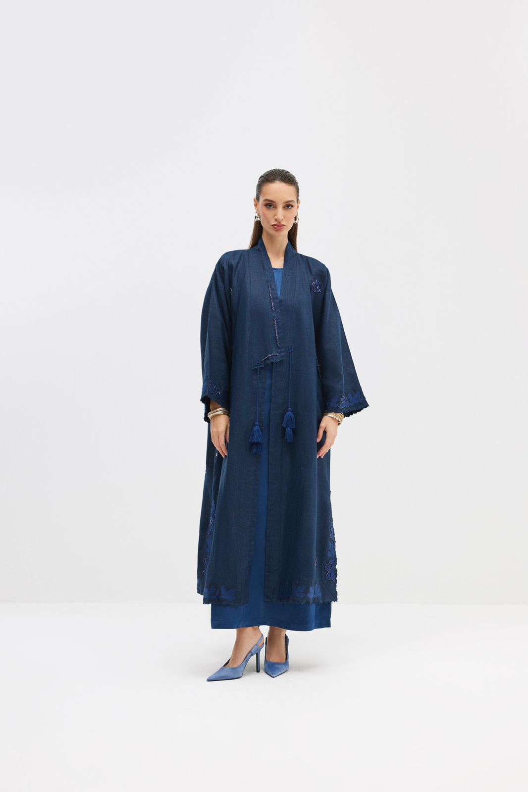 Navy Linen Kimono with Embroidery