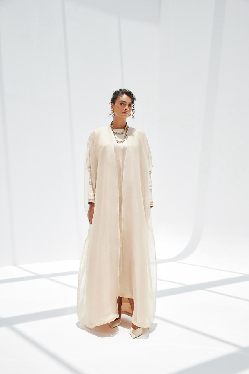 Nude Linen Silk Abaya with Organza Overlay