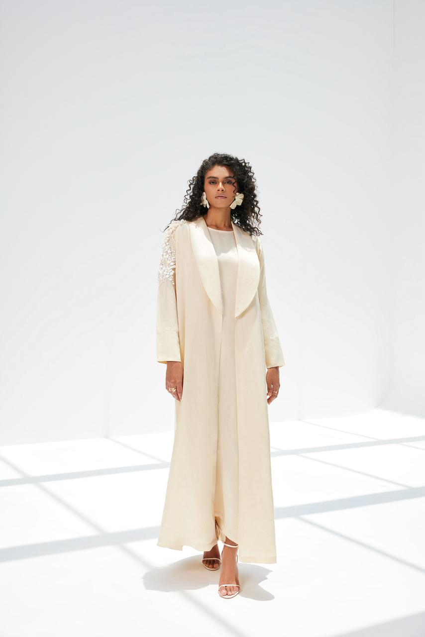 Off White Linen Silk Abaya with Shoulder Pearl Embroidery