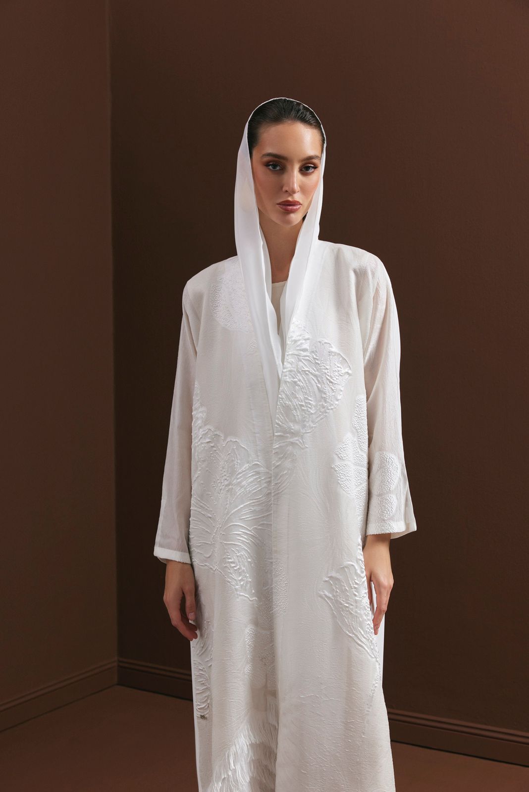 Off White Silk Brocade Cropped Abaya