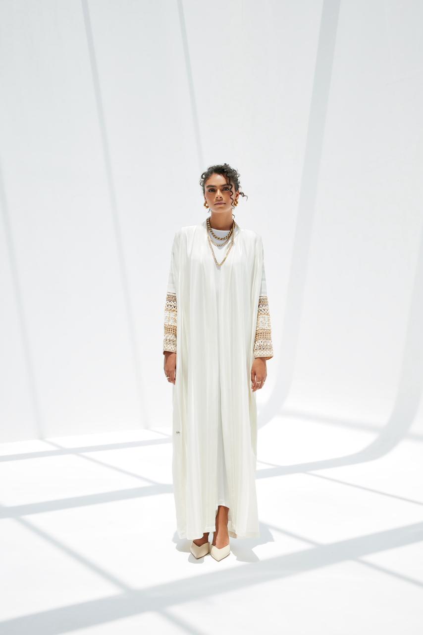 Off White Striped Crepe Abaya with Sleeves Embroidery