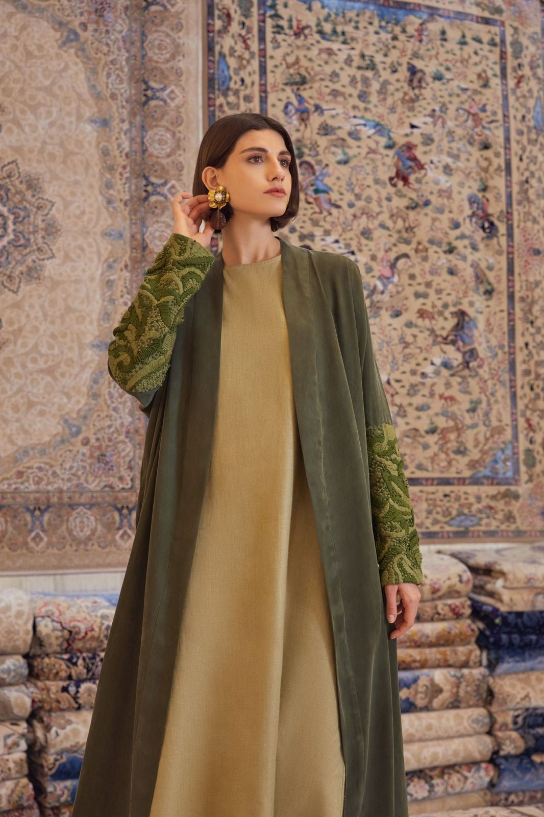Olive Washed Silk Abaya with Threadwork Embroidery Sleeves