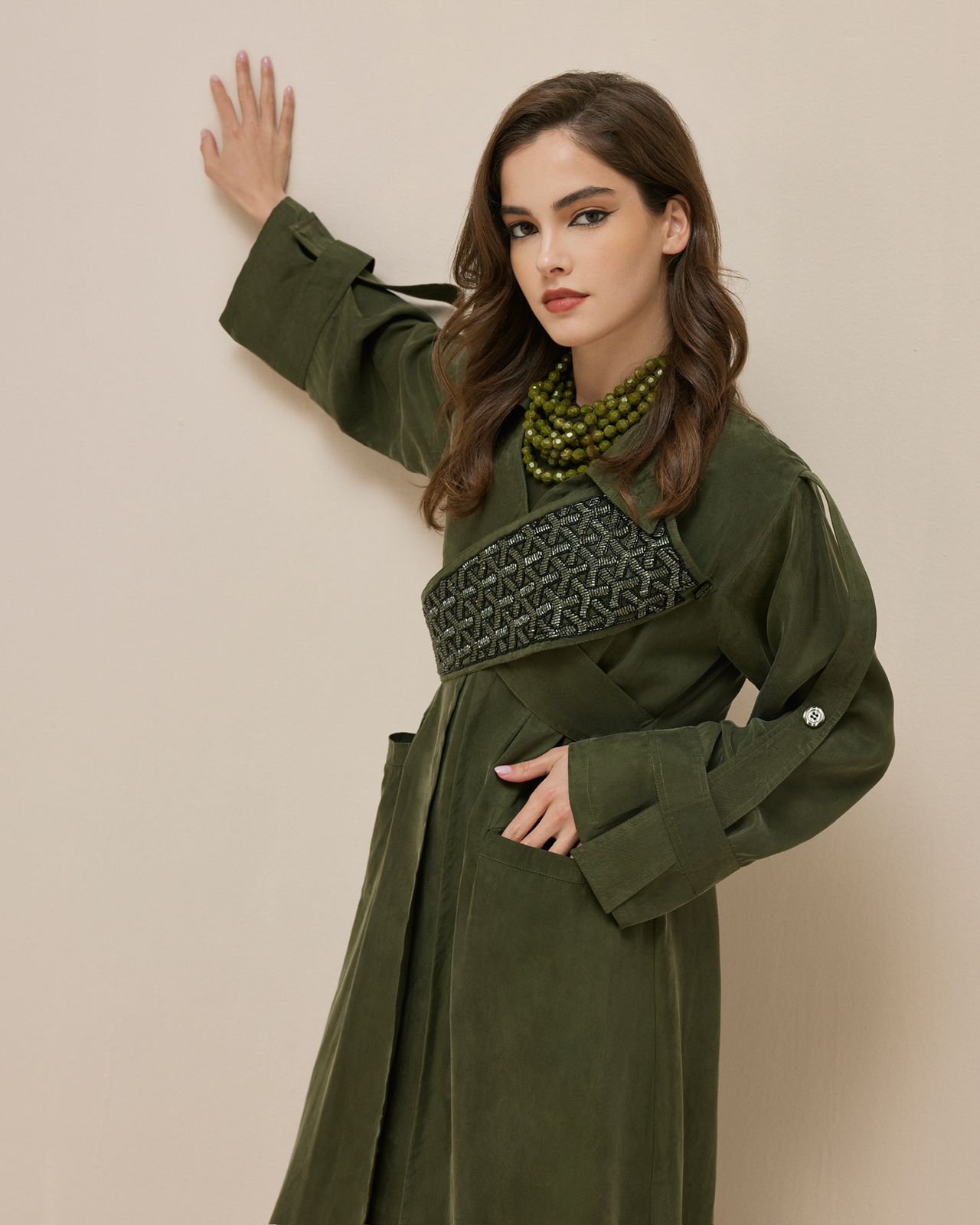 Olive Washed Silk Trench Coat with Embroidery