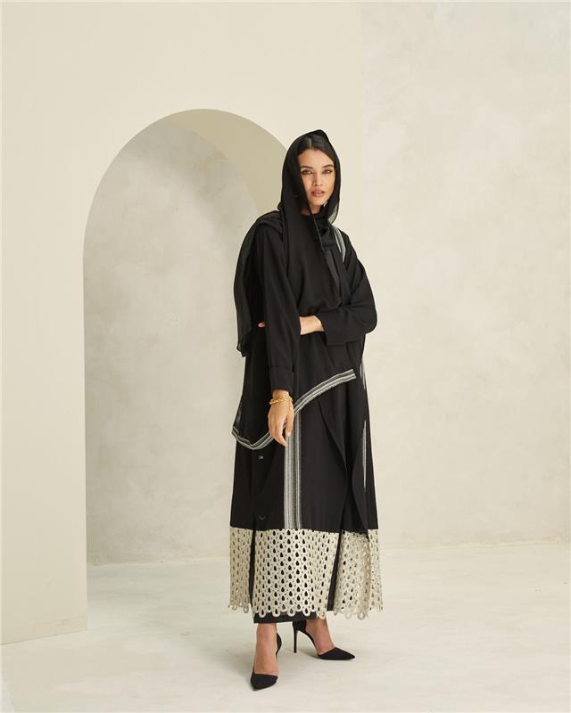 T-Length Black Crepe with Guipure Border Abaya