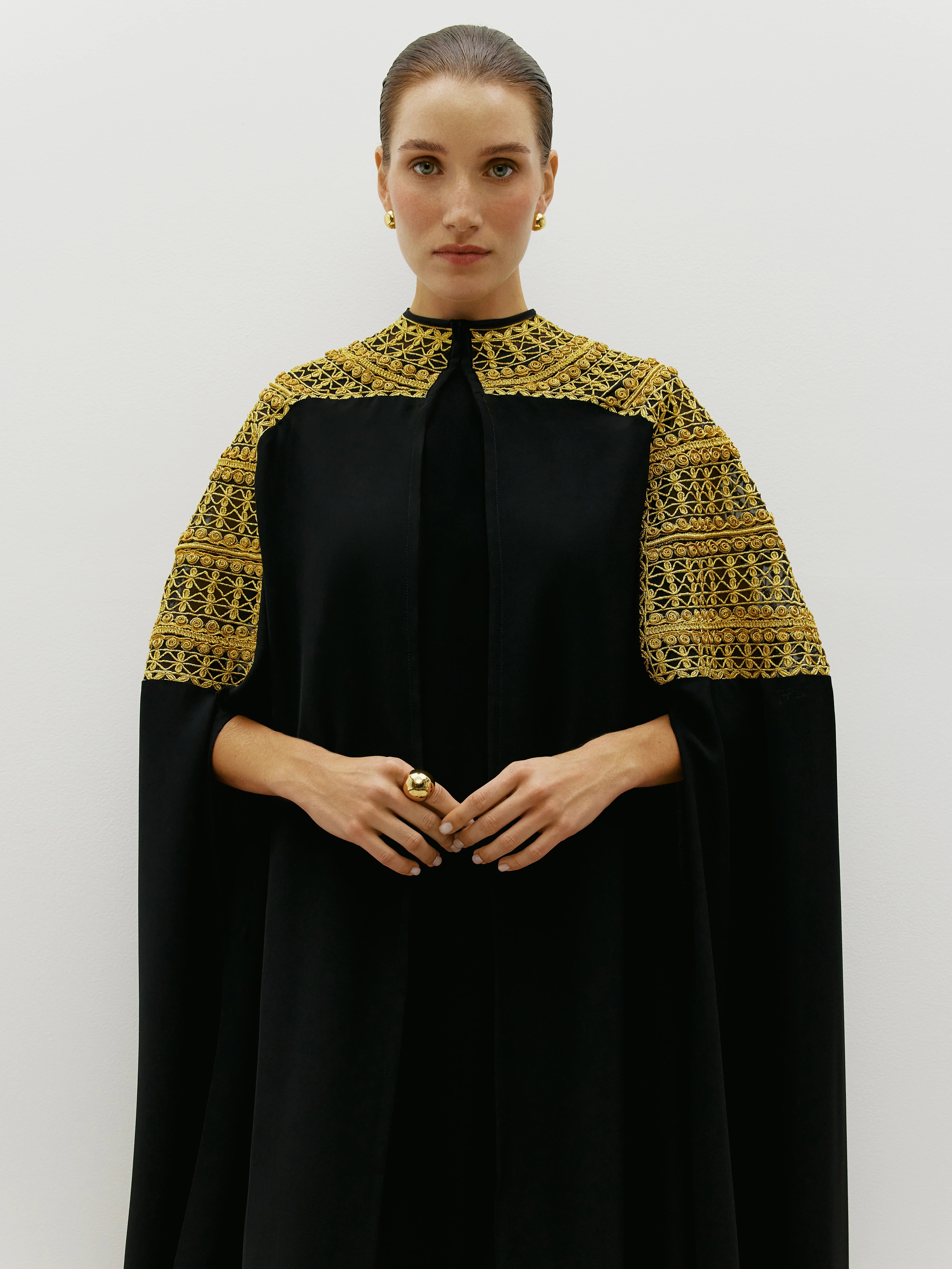 Black Crepe Cape with Antique Gold Threadwork
