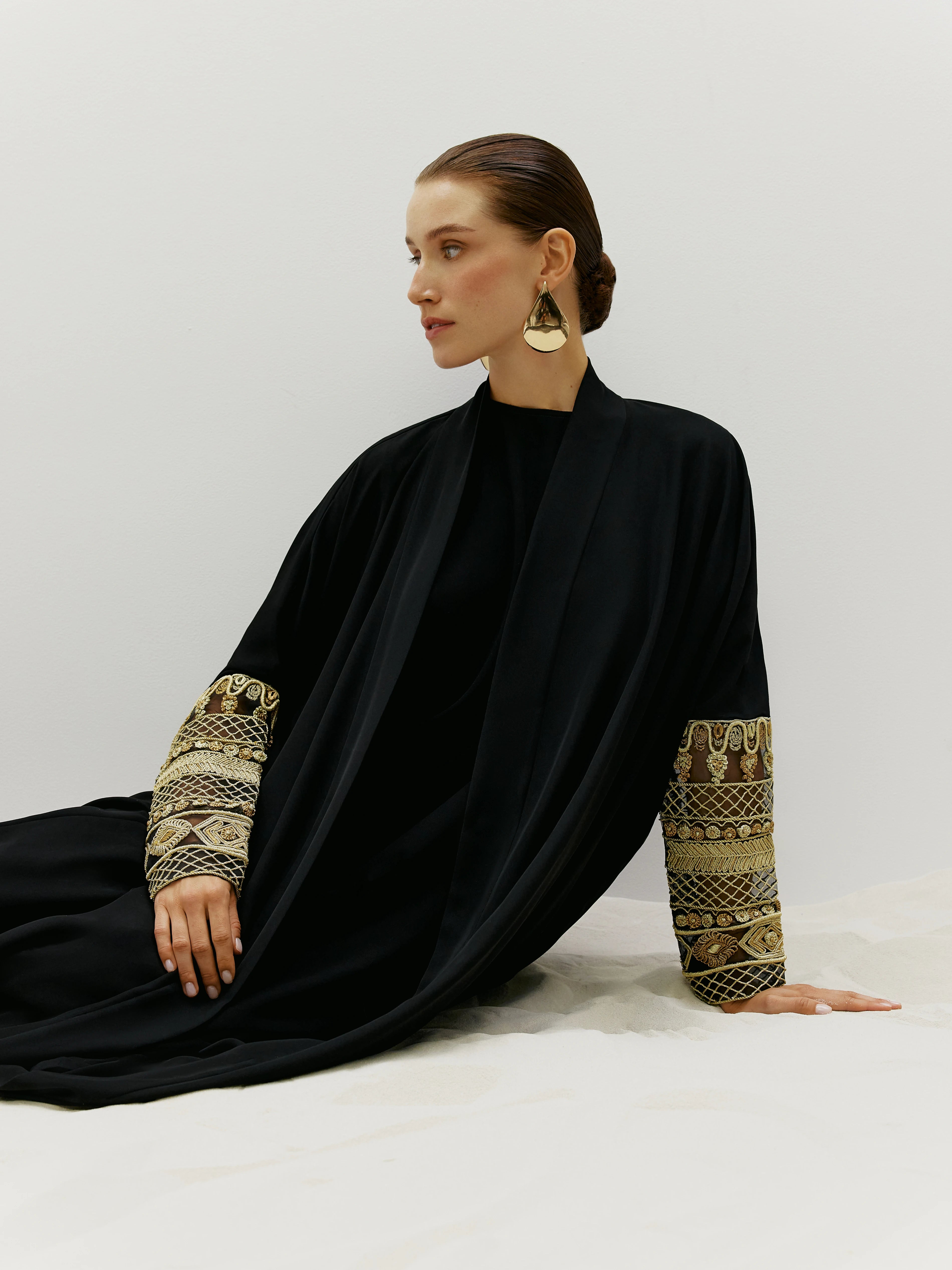 Black Crepe with Gold Woven Sleeves Embroidery
