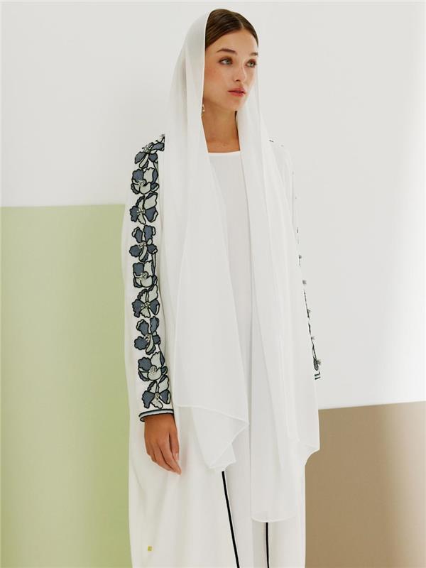 Crepe Abaya with Floral Arm Embroidery (White)