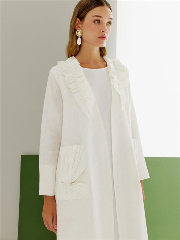 Ruffled Neck Pleated Pockets Abaya (White)